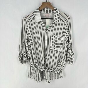 VIXBE Tompkins Tie Front Top Button Striped Roll Tab‎ Sleeves Lightweight